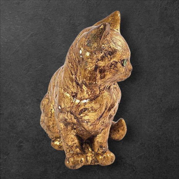 Vintage Red Mill Gold Resin Cat Figurine 5¼″ Green Sequin Eyes Handcrafted USA - Picture 2 of 9